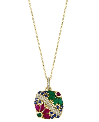 Effy Multi-Gemstone (2-3/4 ct. t.w.) & Diamond (1/4 ct. t.w.) Flower Disc 18" Pendant Necklace in 14k Gold