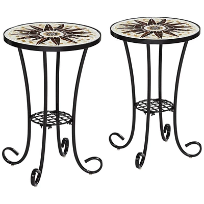 Sunburst Rustic Black Metal Round Outdoor Accent Side Tables 14" Wide Set of 2 Brown Mosaic Tile Tabletop Gracefully Curved Legs for Spaces Porch