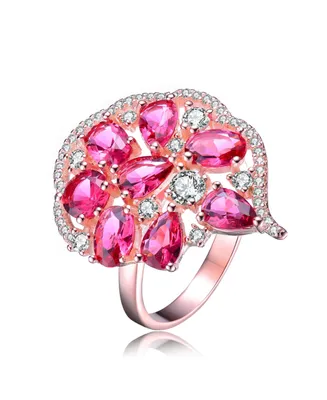 Sterling Silver with 18K Rose Gold Plated Red Pear, Round and Oval Cubic Zirconias Cocktail-Cluster Ring