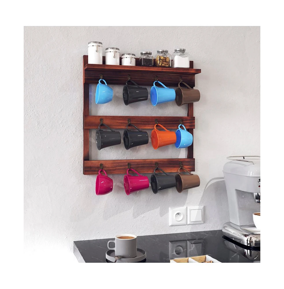 Rustic Mug Rack Wall Mounted With Shelf - Coffee Cup Hangers - Built In Shelf For Coffee Or Sugar, Wooden Coffee Mug Organizer