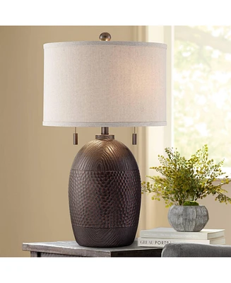 Byron Rustic Farmhouse Industrial Table Lamp 27.5" Tall Hammered Textured Bronze White Fabric Drum Shade Decor for Living Room Bedroom House Bedside N