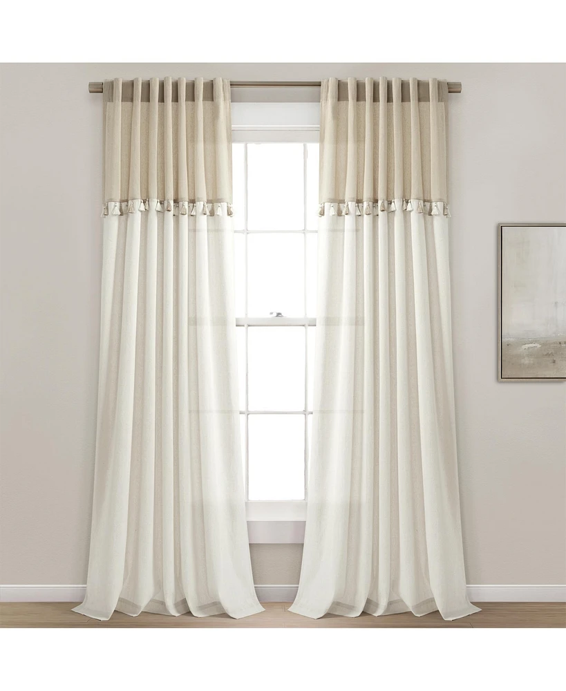 Boho Faux Linen Tassel Color Block Window Curtain Panel
