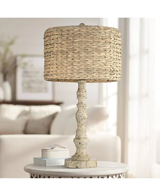 John Timberland Jackson Country Cottage Coastal Table Lamp 27.5" Tall Rustic Natural Distressed Antique White Candlestick Rattan Drum Shade for Living