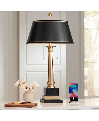 Georgetown Traditional Desk Table Lamp 28 1/2" Tall with Usb Charging Port Warm Brass Steel Black Gold Trim Drum Shade for Living Room Bedroom Ni