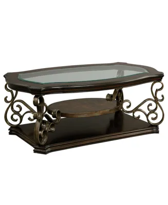 Cocktail Table, Glass table top, Mdf W/marble paper middle shelf, powder coat finish metal legs. (52"Lx32"Wx20"H)