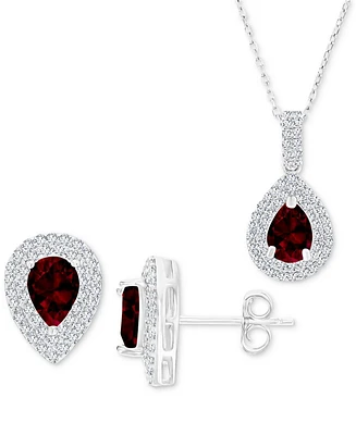 2-Pc. Set Garnet (3 ct. t.w.) & Lab-Grown White Sapphire (1 ct. t.w.) Teardrop Halo Pendant Necklace & Matching Stud Earrings in Sterling Silver