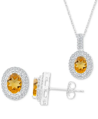 2-Pc. Set Citrine (2-3/8 ct. t.w.) & Lab-Grown White Sapphire (1-1/10 ct. t.w.) Oval Halo Pendant Necklace & Matching Stud Earrings in Sterling Silver