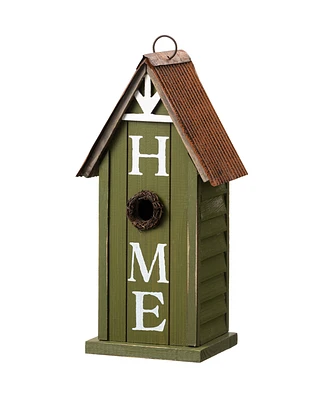 Glitzhome 14.75" H Washed Green Distressed Solid Wood " Home" Inspiration Single Family Decorative Outdoor Garden Birdhouse