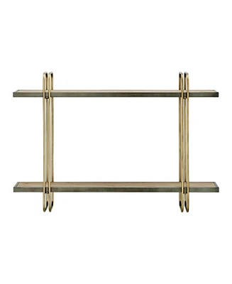 Danya B Two-Tier Warm Gold-Tone and Washed Oak Brown Metal Hanging Bracket Wall Mounted Shelf