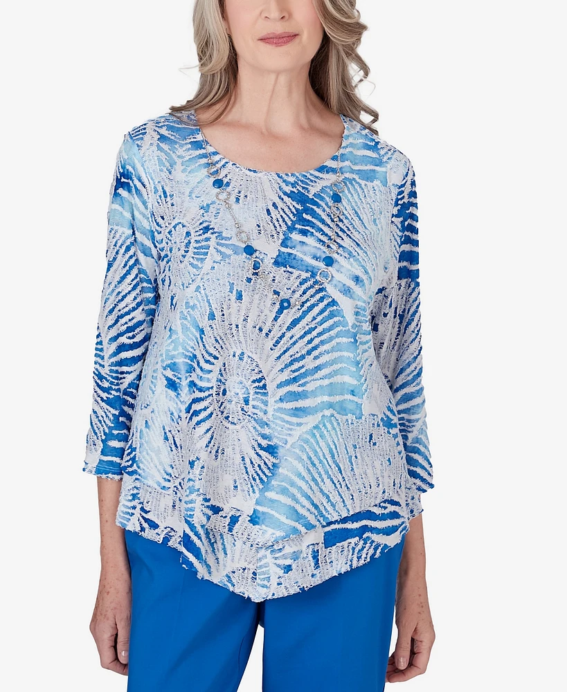 Alfred Dunner Women's Neptune Beach Seashell Embellished Top with Necklace
