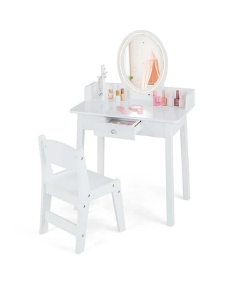 Kids Vanity Set with Lighted Mirror Chair 2-Color Led Lighting for Girls Makeup