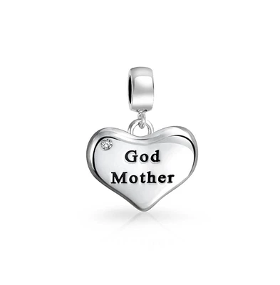 Bling Jewelry White Crystal Accent Bff Word Heart Shape God Mother Dangle Bead Charm Oxidized Sterling Silver Fit European Bracelet