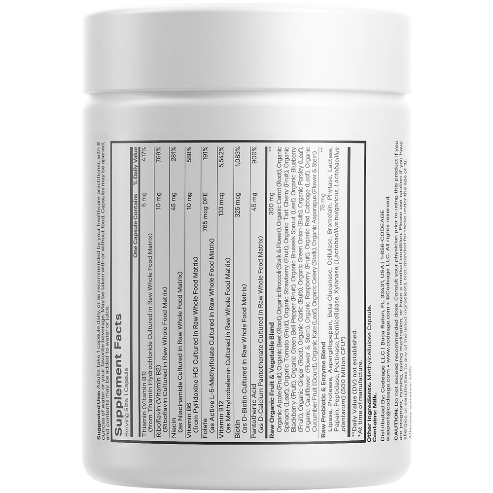 Raw Vitamin B-Complex Supplement - Essential B Vitamins with Probiotics, Digestive Enzymes, Fruits & Vegetables - 2-Month Supply - Methylfolate