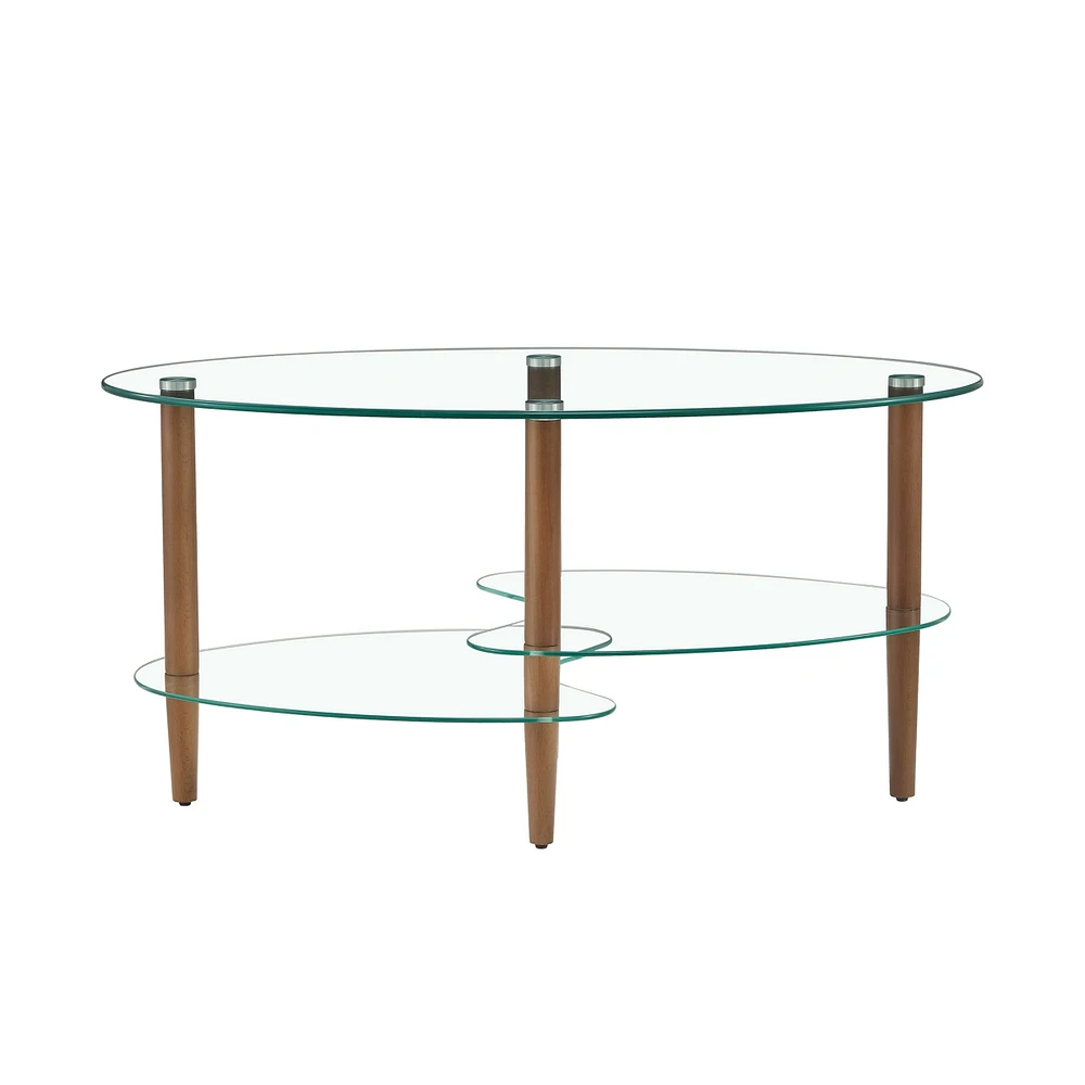 Modern Oval Glass Coffee Table with Oak Wood Legs