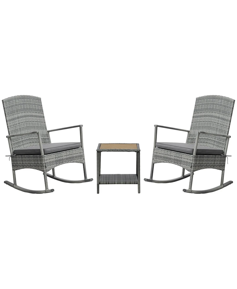 Outsunny 3pc Outdoor Rocking Chair Set, Pe Rat, 2-Tier Wood Table,