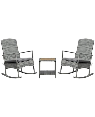 Outsunny 3pc Outdoor Rocking Chair Set, Pe Rat, 2-Tier Wood Table,