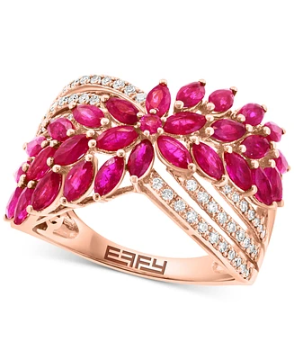 Effy Ruby (2-3/8 ct. t.w.) & Diamond (5/8 ct. t.w.) Flower Crossover Ring in 14k Rose Gold
