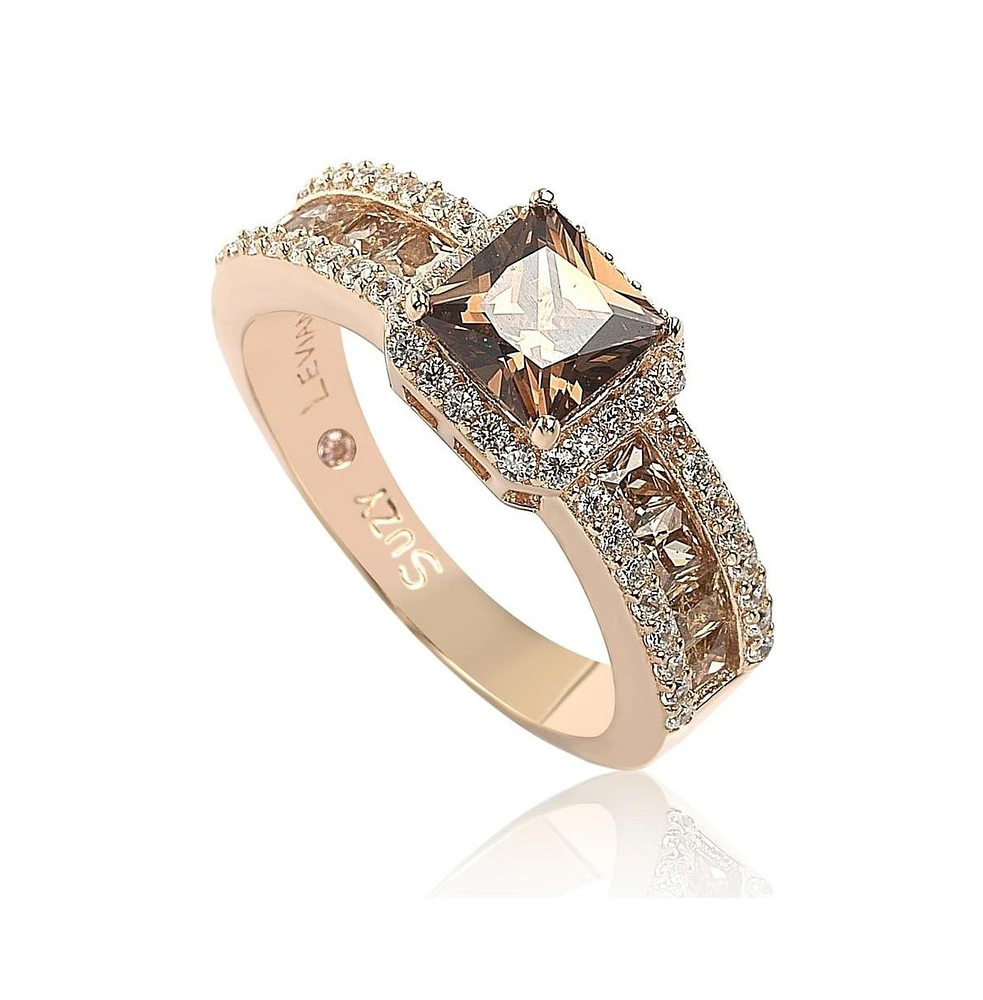 Suzy Levian Sterling Silver Cubic Zirconia Asscher Cut Brown Center Stone Ring