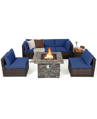 7 Pcs Patio Furniture Set with 50,000 Btu Fire Pit Table Wicker Sofa Cushions