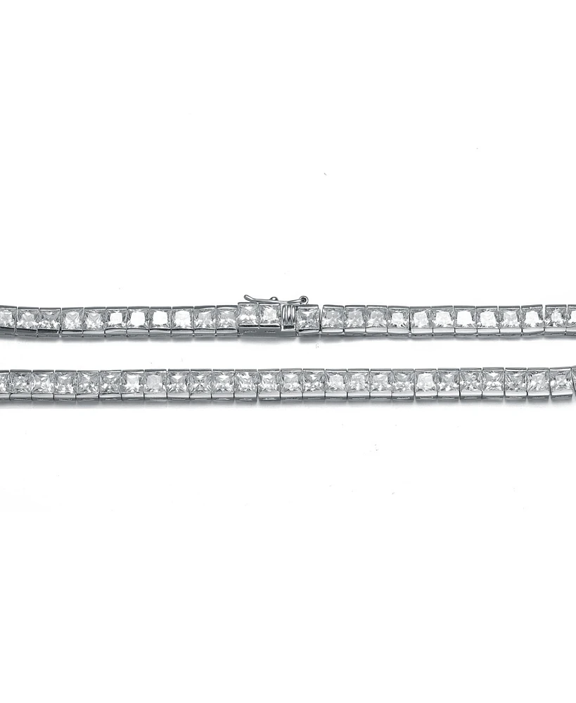 Sterling Silver White Gold Plated with Cubic Zirconia Princess Eternity Tennis Necklace