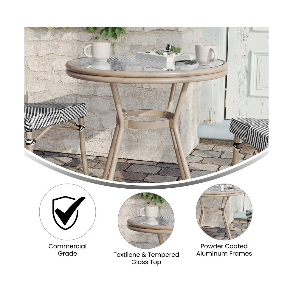 Merrick Lane Mael Bistro Style Table With Tempered Glass Top, Textilene, And Bamboo Finished Metal Frame For Indoor/Outdoor Use