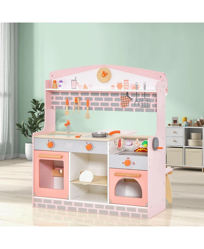 Sugift Double-Sided Kids Play Kitchen Set with Canopy and 2 Seats