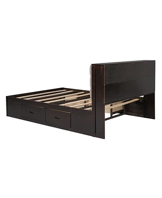 Wood Queen Size Platform Bed With Storage Headboard, Shoe Rack And 4 Drawers