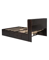 Wood Queen Size Platform Bed With Storage Headboard, Shoe Rack And 4 Drawers