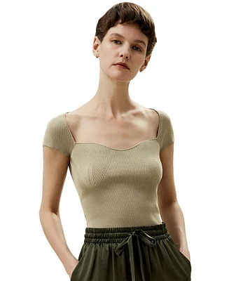 Sweetheart Neck Ribbed Silk Knit Top for Women