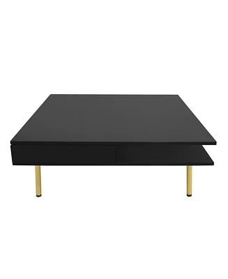 High gloss coffee table with golden legs and drawers, 2-tier center for living room