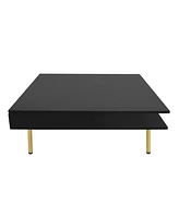 High gloss coffee table with golden legs and drawers, 2-tier center for living room