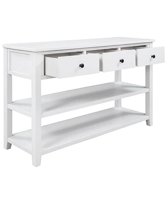 Retro Design Console Table With Two Open Shelves, Pine Solid Wood Frame And Legs