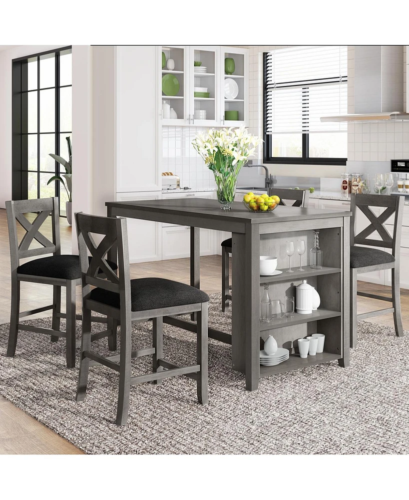 5 Pieces Counter Height Rustic Farmhouse Dining Room Wooden Bar Table Set With 4 Chairs