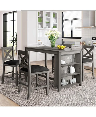 5 Pieces Counter Height Rustic Farmhouse Dining Room Wooden Bar Table Set With 4 Chairs