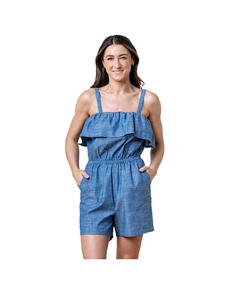 Hope & Henry Women's Organic Ruffle Top Chambray Romper