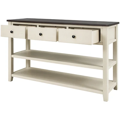 Retro Design Console Table With Two Open Shelves, Pine Solid Wood Frame And Legs