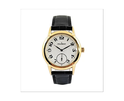 Peugeot Men's Vintage 38mm Round Gold Plated Watch with Black Leather Band