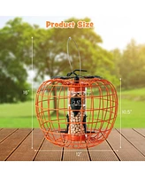 Squirrel-Proof Pumpkin Bird Feeder with Cage 4 Metal Ports 4 Perches Drainage Hole