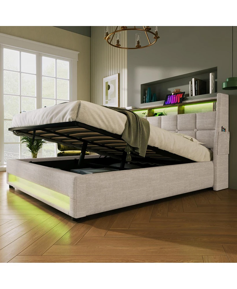 Queen Upholstered Platform Bed with Storage, Led, Usb
