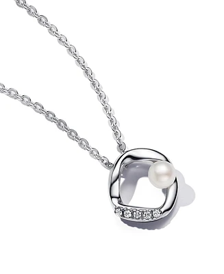 Pandora Shaped Pave Circle Treated Freshwater Cultured Pearl Collier 17.7 inch Necklace