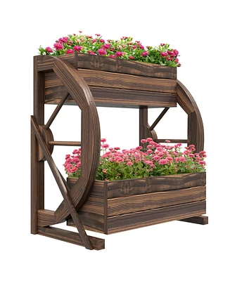 Outsunny Wooden Wagon Planter Box, Decorative 2-Tier Raised Garden Bed
