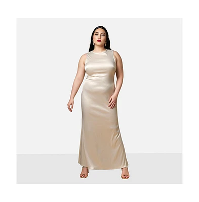 Rebdolls Women's Plus Size Tulip Satin Button Shoulder Maxi Slip Dress