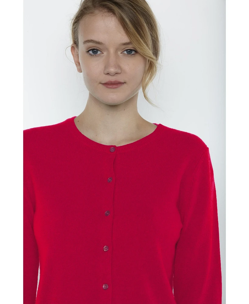Jennie Liu Women's 100% Cashmere Button Front Long Sleeve Crewneck Cardigan Sweater