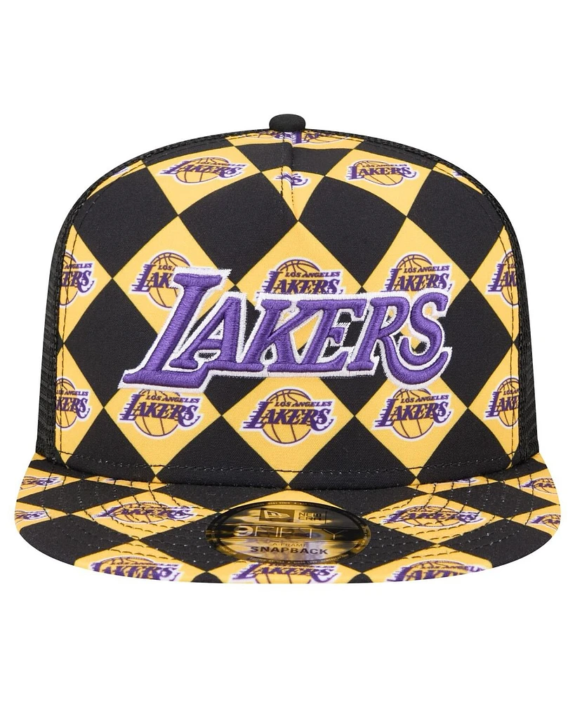 New Era Men's Black Los Angeles Lakers Seeing Diamonds A-Frame Trucker 9FIFTY Snapback Hat