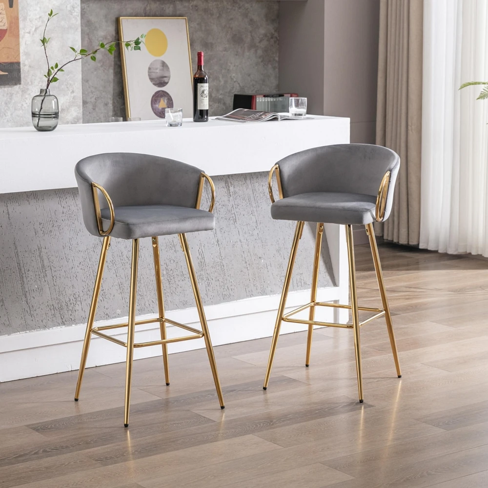 26 Inch Set Of 2 Bar Stools, With Chrome Footrest And Base Velvet + Leg Simple Barstool