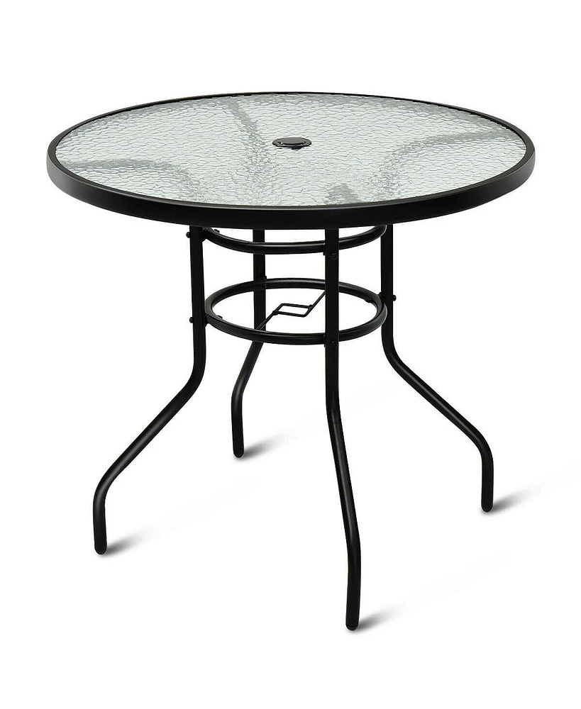 32'' Patio Round Table Tempered Glass Steel Frame Outdoor Pool Yard Garden