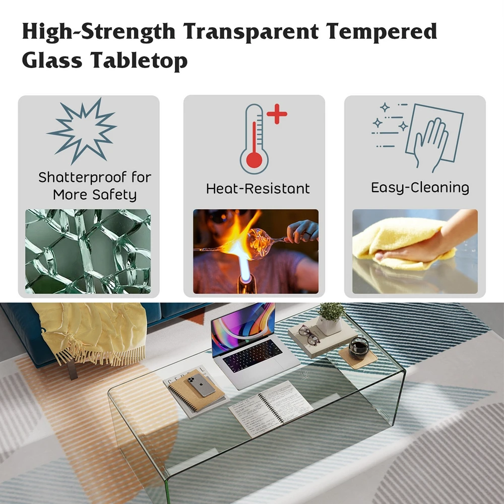 Tempered Glass Coffee Table Accent Cocktail Side Table Living Room Furniture