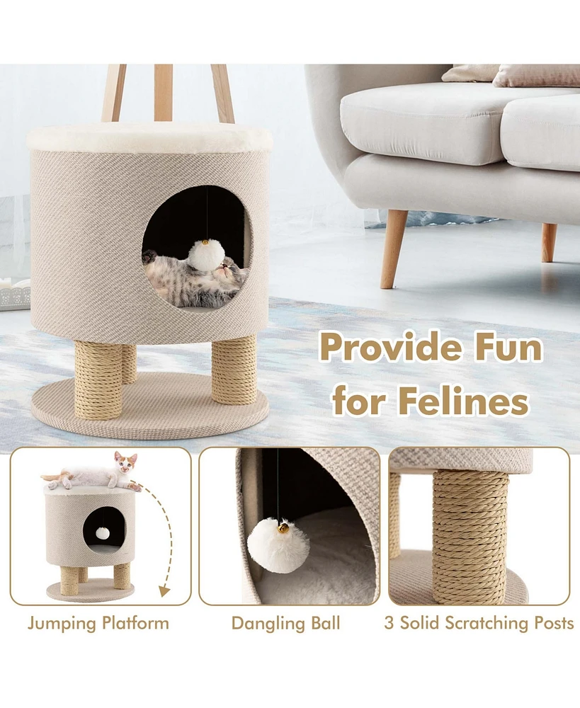 3-in-1 Cat Condo Stool Kitty Bed with Scratching Posts & Plush Ball Toy