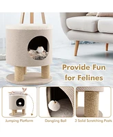 3-in-1 Cat Condo Stool Kitty Bed with Scratching Posts & Plush Ball Toy