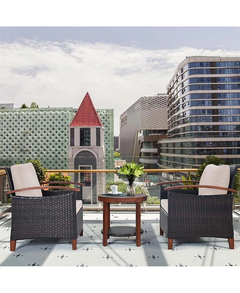 3PCS Patio Wicker Sofa Set Acacia Wood Frame